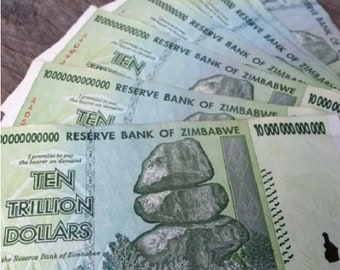 10 Trillion Dollars Zimbabwe Banknotes Circulated- 2008, AA (Ten pcs x 10T) = 100 Trillion Demonetized Zim Dollars