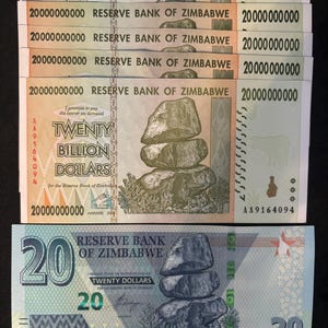 20 Billion Zimbabwe Dollar 2008 Banknotes - 5 PCs + One 20 Dollar Zimbabwe Banknotes UNC 2019/2020