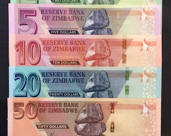 Current Zimbabwe Currency (2019 Present): 1/ea of New 2, 5, 10, 20, 50 and 100 Dollar UNC Banknotes