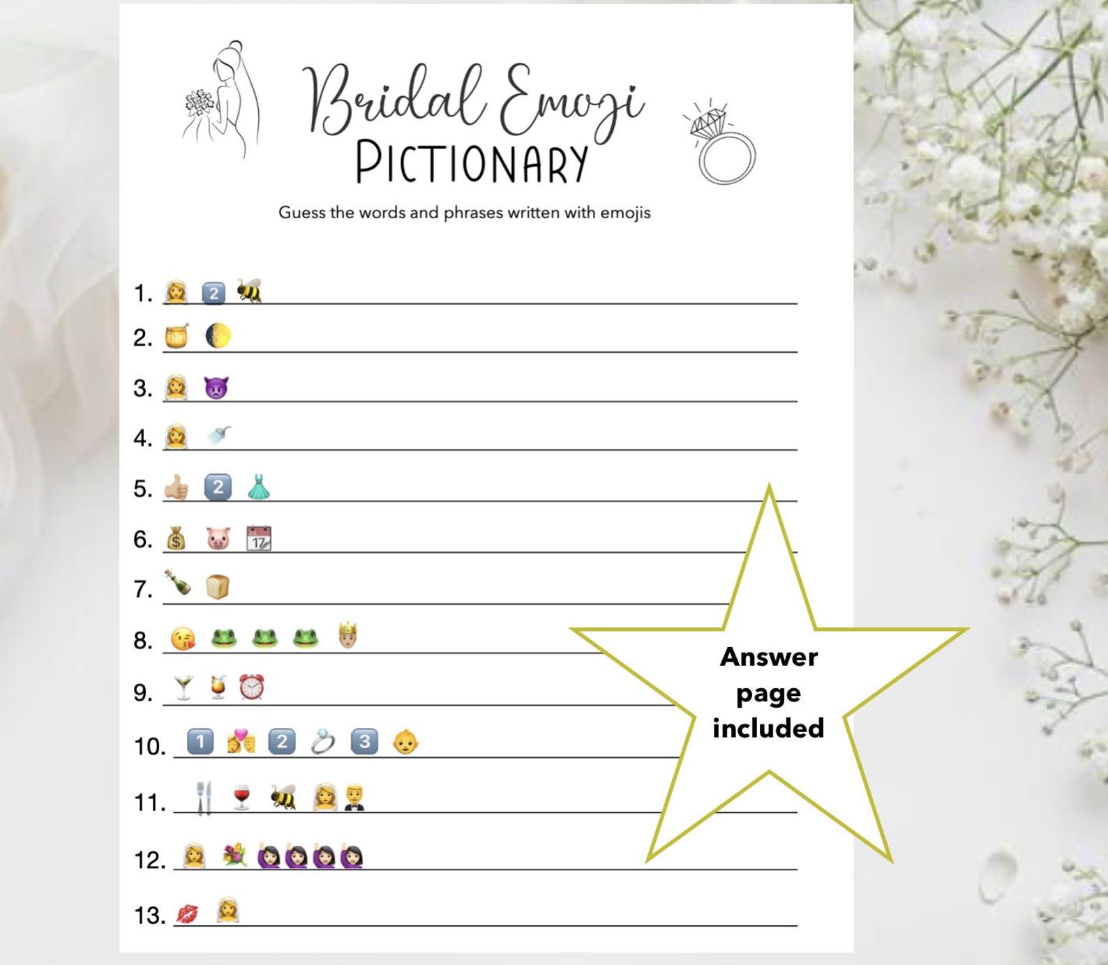 Bridal Emoji Pictionary Game Answers, Wedding Shower Games, Printable ...