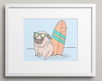 Surfing pug paint by number kit instant digital download / dog paint by number / kids indoor activity / adult coloring kit/wine paint night