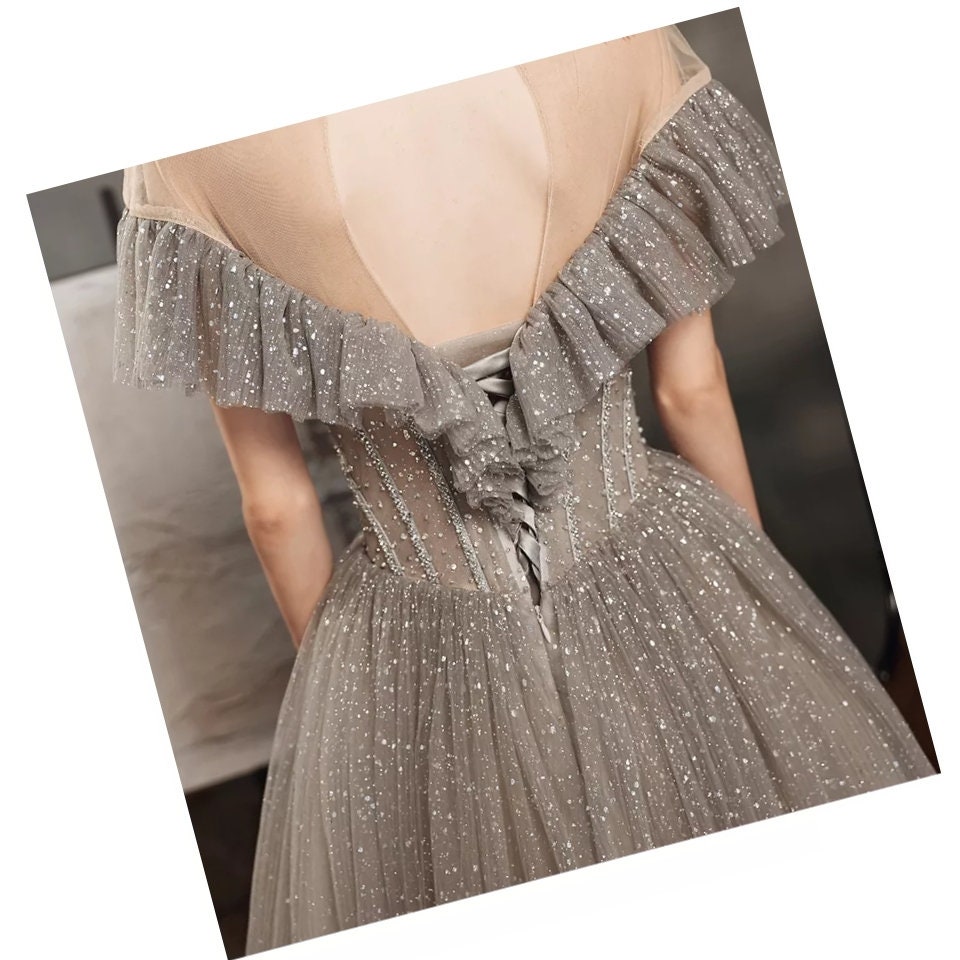 Sparkly Ball Gown Strapless Champagne Tulle Gold Beaded Corset Prom Dress