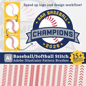 May include: A digital graphic showing Adobe Illustrator pattern brushes for baseball and softball stitches. The image features a circular logo with the text AAA BASEBALL CHAMPIONS 2026, alongside a series of red stitch patterns on a white background.