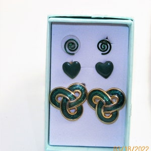 Small Vintage Emerald Green Heart Earrings. Tiny Metallic Green Swirls and Emerald Green Celtic Enameled Earrings 3 Pair Set Gift for Her