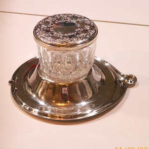 Vintage Circa 1942 Towle Round Lead Crystal Dresser Powder Jar or Trinket Jar with Sterling Repousse Mirrored Lid, Elegant Gift for Her