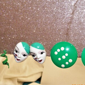 Vintage Green Earrings; Statement Round Parakeet Green w White Dots, Theatrical Masks, Curly Cues and Square Prong Set Green Stones on Wires