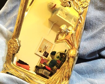 Antique Vintage French Solid Brass Art Nouveau Vanity Mirror, Vintage Brass Footed Lady By The Lake Tabletop Mirror 13"H by 9 1/2"W by 3"D