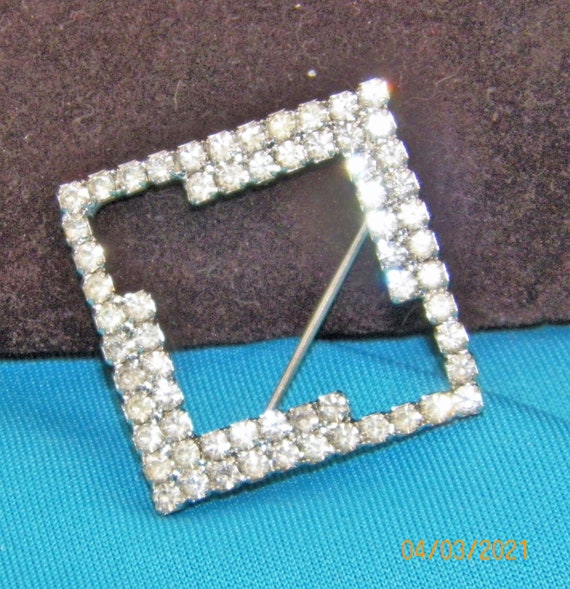 Vintage Rhinestone Brooch, Art Deco Square Pin, L… - image 1