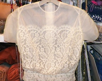 Vintage 1930-1940's Sheer Ivory Peplum Blouse with Button Back and Lace Overlay, Gift for Her, Vintage Blouse, Retro Style