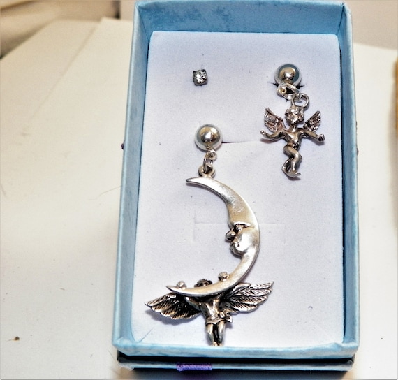 Vintage Hoop Earring 925 Angel Hanging from the M… - image 1