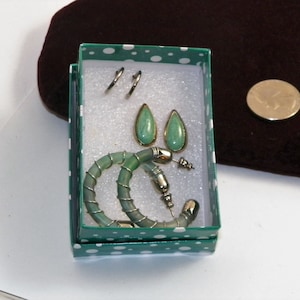 Small Hoop Earrings; Silver Tone Huggie Earrings, Turquoise Green Teardrop Stud Earrings and Large Fern Green Wire Wrapped Hoops Vintage 80s