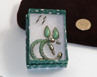 Small Hoop Earrings; Silver Tone Huggie Earrings, Turquoise Green Teardrop Stud Earrings and Large Fern Green Wire Wrapped Hoops Vintage 80s