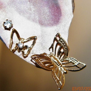 Butterfly Earrings, Tiny Sparkling Filigree Outlined, and CZ Stud Gold Tone Earrings, 3 Pair Set  Gift for Her Vintage 70s-80s-90s Eclectic
