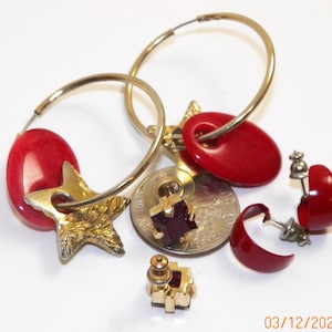 Vintage Hoop Earrings, Red Dangles, Huggies, Square Cut, Faceted Studs, Gold Hoops Have Gold Dangling Stars and Red Ovals Gift for Him/Her