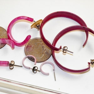 Small Pink Hoops, Curly Pink Hoops and Big Pink Hoop Earrings 1/2 inch to 1 5/8 inch Diameter 3 Pair Set, Acrylic and Metal, Vintage Gift