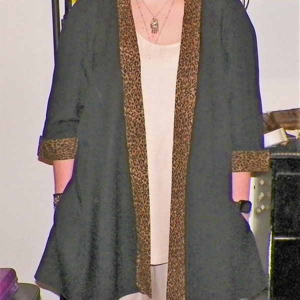 Vintage Black Open Front, Padded Shoulders, Leopard Print Trim, Knee Length Swing Coat, Size 20  Gift for Her Plus Size 50's style