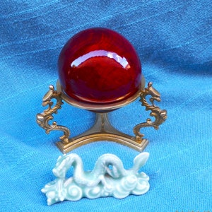 Vintage Solid Ornate Brass 3 Dragon Display Stand & Cherry Wood Globe with Small Green Ceramic Snake, Home Decor,  Gift