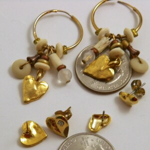 Small Hoop Earrings, Heart Earrings, Beaded Hoop Earrings Vintage 70s to 80s 3 Pair Set in Gold Tone  Hoops and Hearts Earrings Gift for Her
