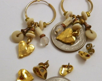 Small Hoop Earrings, Heart Earrings, Beaded Hoop Earrings Vintage 70s to 80s 3 Pair Set in Gold Tone  Hoops and Hearts Earrings Gift for Her