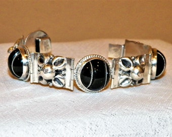 Black Onyx Sterling Silver, Hinged, Panel Bracelet, Round Carved Onyx with Bold Twisted Rope Accent Vintage Taxco 1940s 7" Handmade to Last