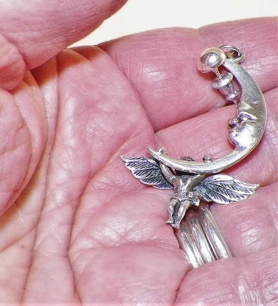 Vintage Hoop Earring 925 Angel Hanging from the M… - image 5
