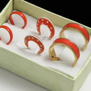 Small Hoop Earrings: Tangerine Mini Huggie Hoops Ear Curation 3 Pairs 1/2 inch to 7/8 inch Diameter Vintage Tangerine Earrings Polka Dots
