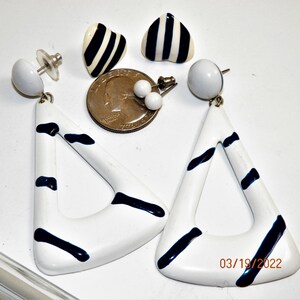 Vintage Blue & White Striped Heart Earrings, Striped Huge Dangling Triangles and Solid White Stud Earrings Gift for Her 3 Pair Set cute