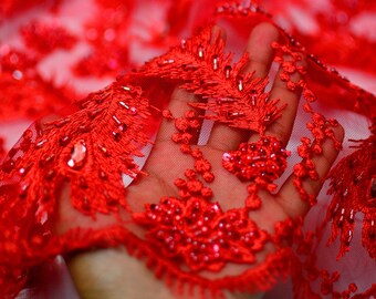 Red Beaded Lace Embroidery, Luxury Beaded 3D Fabric by yard,Heavy Handmade Bridal Lace Couture,Elegant Apparel Wedding Prom Veil Fabric .