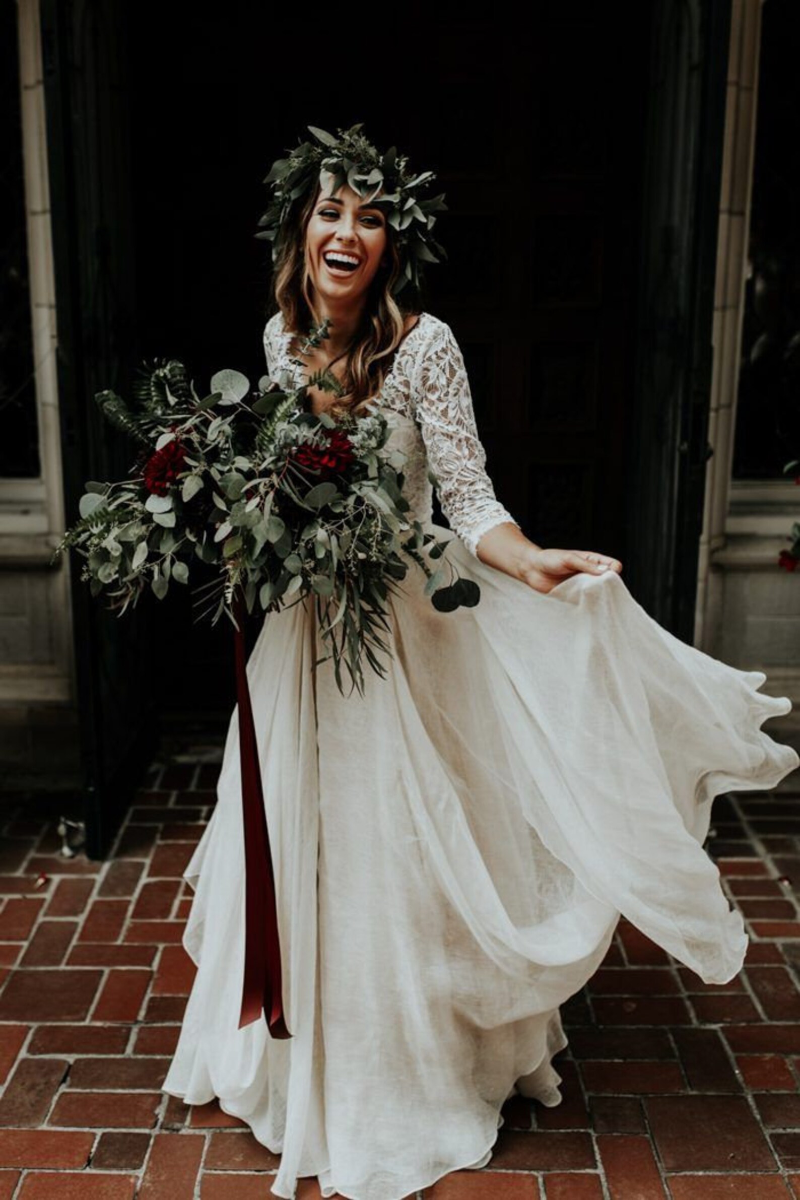 Two Piece Wedding Dress Boho, Bridal Separates Long Sleeve Lace Top,20082225