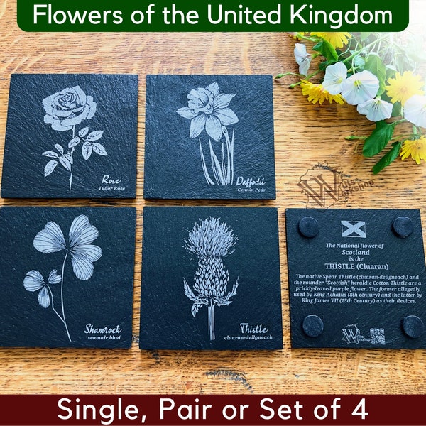 Flowers of the UK Slate Coasters - Scottish Thistle Welsh Daffodil N Irish Shamrock English Rose | Scotland Wales Northern Ireland England