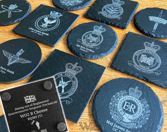 Personalised British Military Crest Slate Coasters - Round/Square -Cap Badge|Army Gift|Royal Navy|Marines|RAF|Air Force|Leaving|Presentation