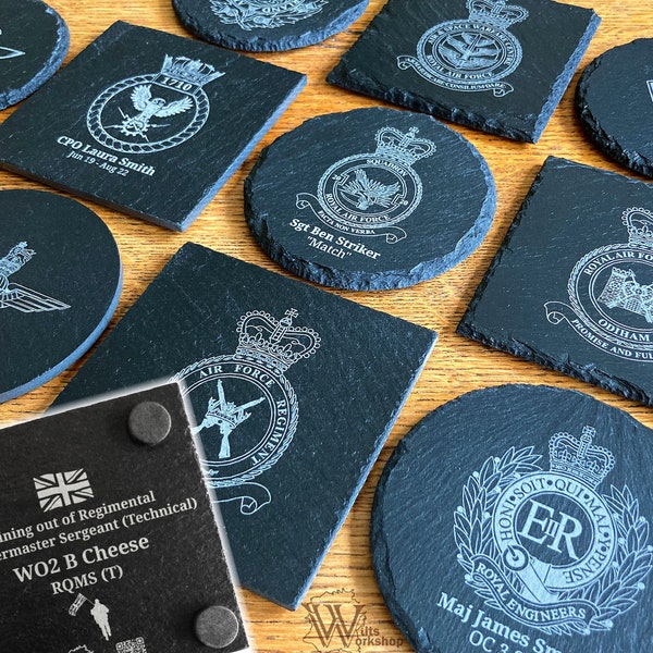 Personalised British Military Crest Slate Coasters - Round/Square -Cap Badge|Army Gift|Royal Navy|Marines|RAF|Air Force|Leaving|Presentation
