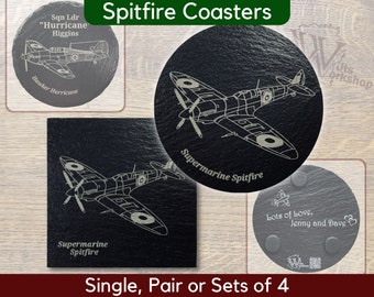 Spitfire Slate Coasters - Round/Square - Personalise | WW2 Aircraft | Royal Air Force RAF Fighter Gift | Military History | Memorabilia