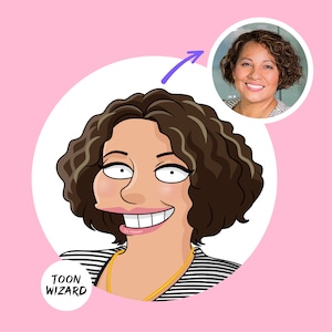 May include: Cartoon illustration of a woman with brown curly hair, wearing a black and white striped shirt and a gold necklace. The illustration is in a circle with the text "TOON WIZARD" below it. An arrow points to a photo of the same woman in a circle above the illustration.