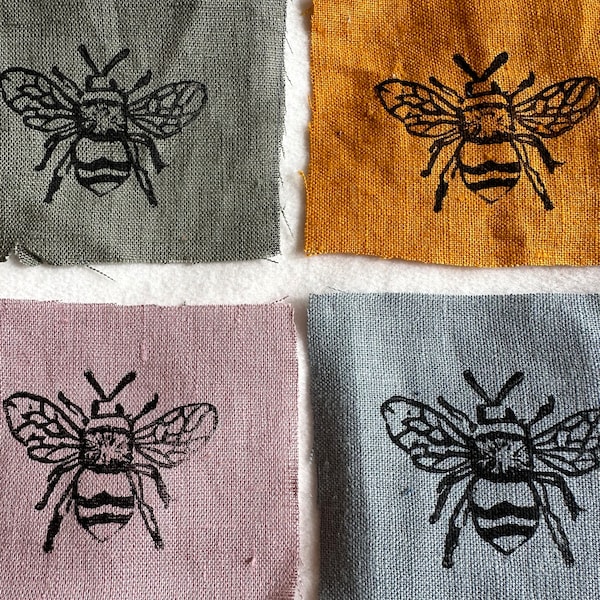 Linen patches, small Bee Lino print patches, fabric patch, clothing patch, quilting, textile crafts, cottage core