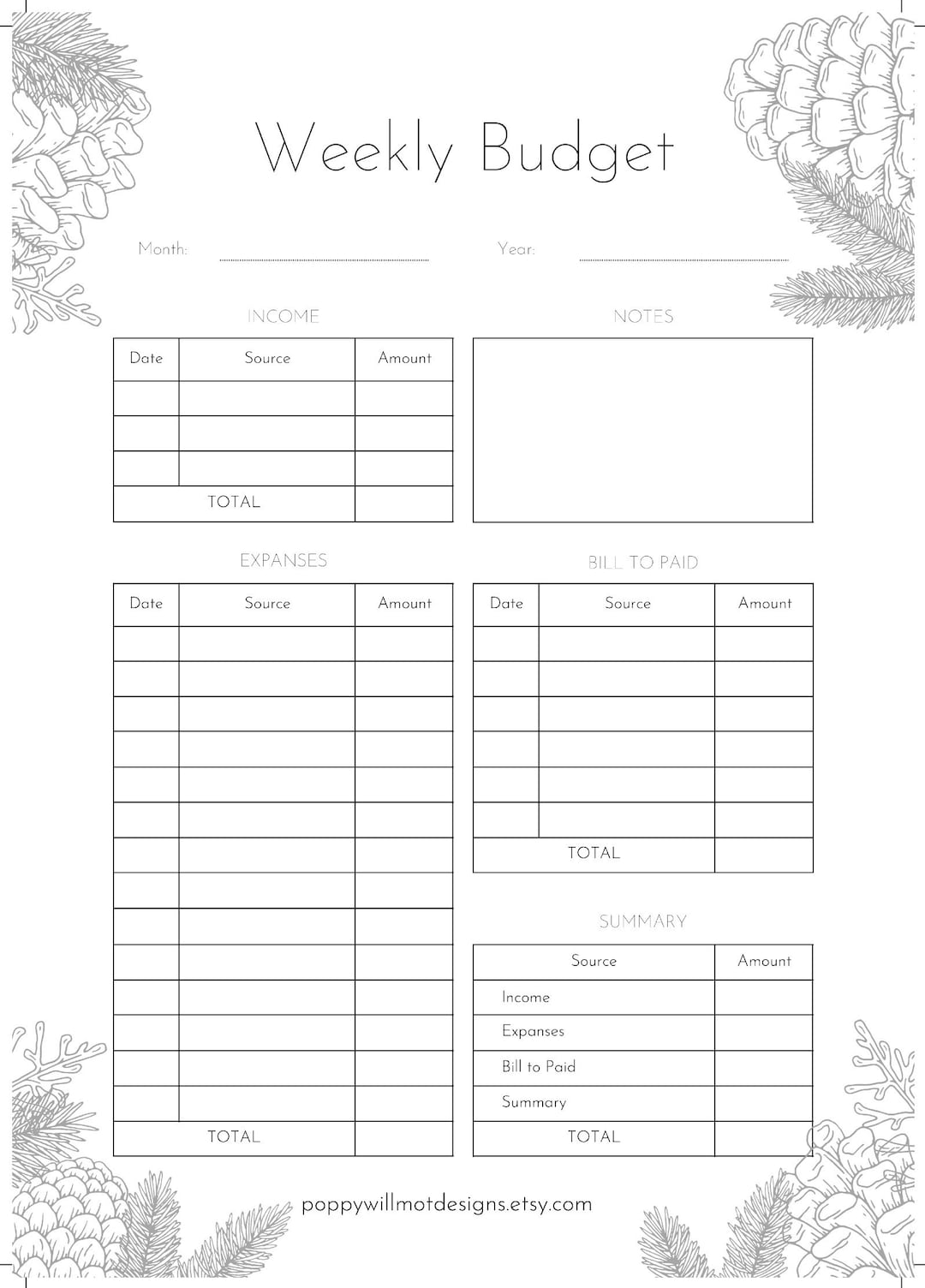Weekly Budget | Minimalist Printable PDF Template | Organisation and ...