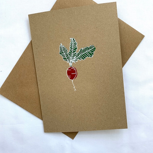 Radish card, veg card, greeting card, screen printed, allotment card, handprinted designs,  gift cards uk, gift cards for men, gift cards