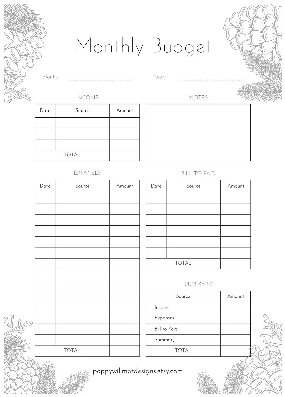 Monthly Budget Sheet | Minimalist Printable PDF Template | Organisation ...