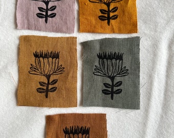 Linen patches, small abstract flower , Lino print patches, fabric patch, clothing patch, quilting, textile crafts, cottage core