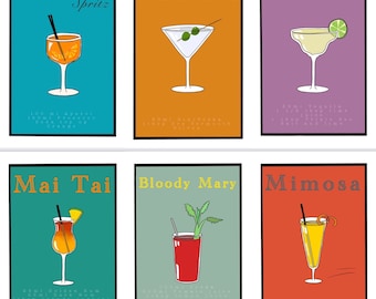 May include: A colourful poster featuring illustrations of six different cocktails: Aperol Spritz, Martini, Margarita, Mai Tai, Bloody Mary, and Mimosa. Each cocktail is depicted in a glass with its ingredients listed below.