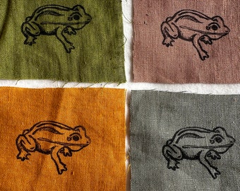 Linen Frog Patch: Small Lino Print Fabric for Quilting