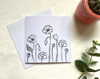Hand Printed Poppy Flower Greeting Card: Eco-Friendly Blank Card