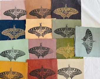 Lino Print Butterfly Linen Patch: Hand-Printed Fabric
