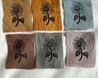 Linen patches, small sunflower Lino print patches, fabric patch, clothing patch, quilting, textile crafts, cottage core