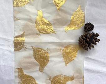 3x Golden Partrige, Handprinted Eco Tissue paper, tissue paper, gift wrap, packaging, pretty packaging. 3x sheets Christmas tissue paper,