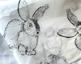 3x Bunny Rabbit, Handprinted Eco Tissuepapier, tissuepapier, cadeaupapier, verpakking, mooie verpakking.