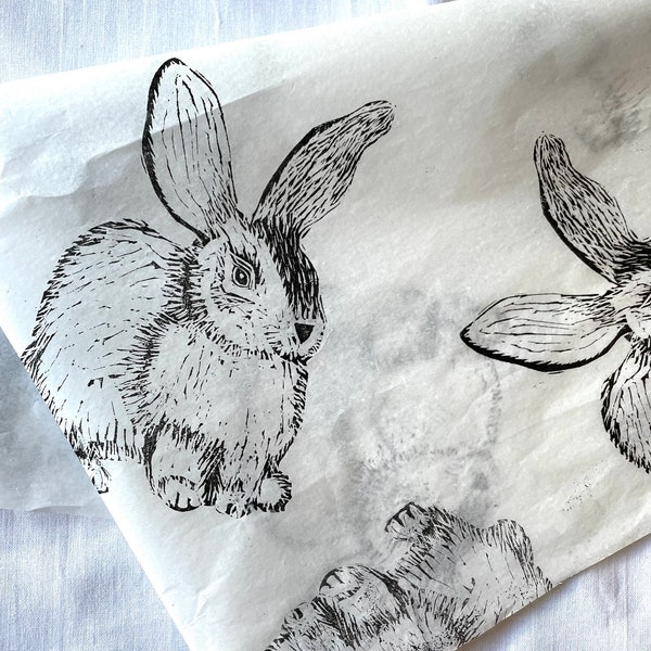 3x Bunny Rabbit, Handprinted Eco Tissue paper, tissue paper, gift wrap, packaging, pretty packaging.