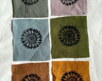 Sunflower Lino Print Linen Patch: Hand-Printed Fabric Applique