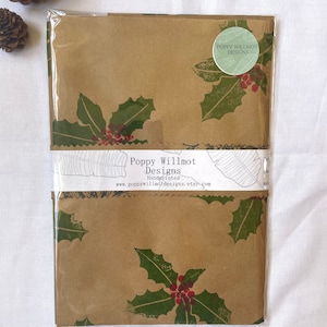 Emballage cadeau Holly, papier d’emballage imprimé à la main, emballage cadeau, emballage cadeau de luxe, emballage cadeau écologique, emballage de Noël