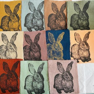 Op de afbeelding: Twaalf stoffen vierkanten met een zwart-wit konijnenontwerp dat op elk vierkant is gedrukt. De vierkanten zijn in verschillende kleuren, waaronder beige, bruin, groen, blauw en roze.